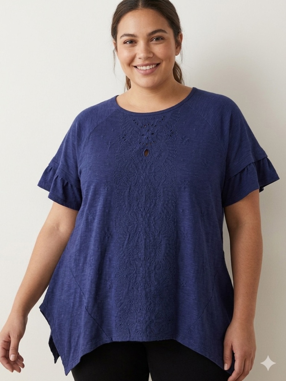 Rafaella Navy Short Sleeve Eyelet Detail Top xL